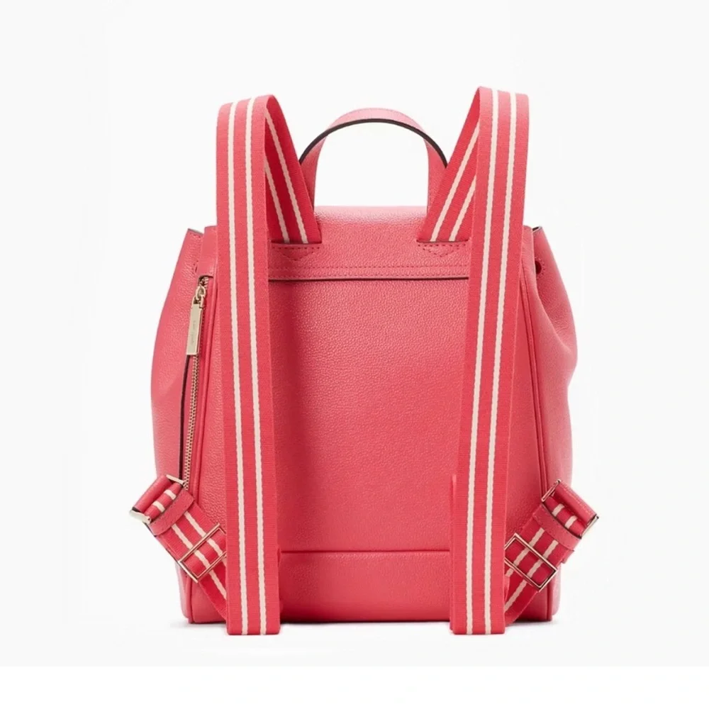 KATE SPADE Pink Leather Rosie Medium Flap Backpack w Keychain Pouch Stripe Strap